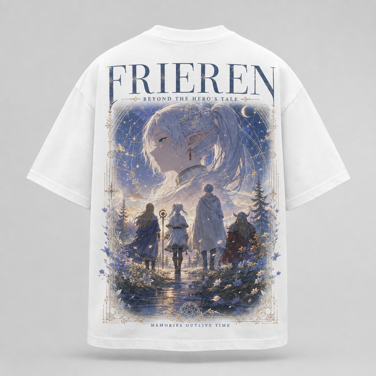 White t-shirt with Frieren, Fern, Stark & Himmel Beyond The Hero's Tale graphic – photo 1