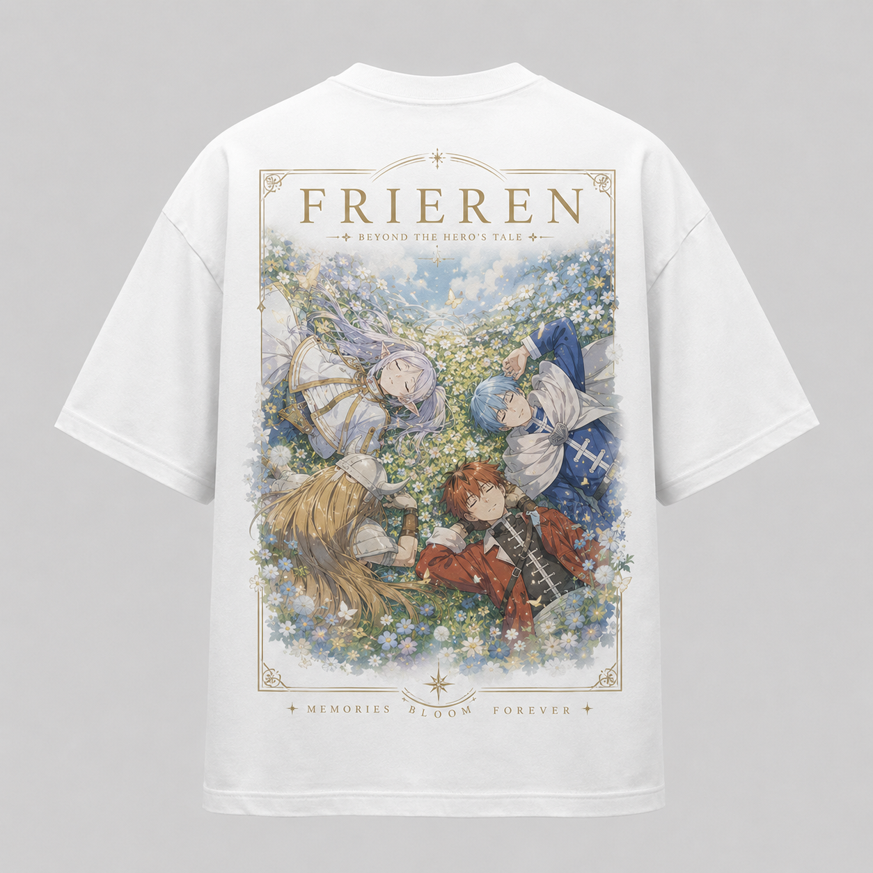 White t-shirt with Frieren, Fern, Stark & Himmel Memories Bloom Forever graphic – photo 1