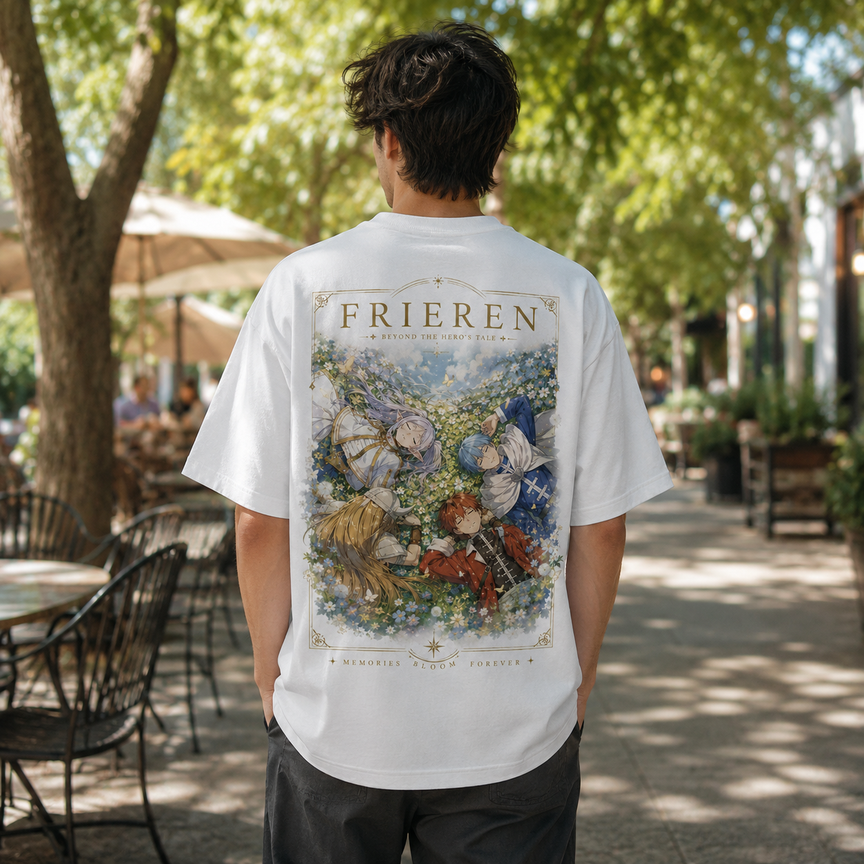White t-shirt with Frieren, Fern, Stark & Himmel Memories Bloom Forever graphic – photo 3