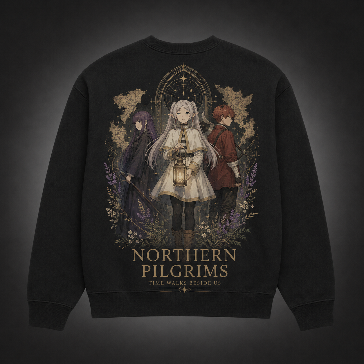 Black sweatshirt with Frieren, Fern, Stark Northern Pilgrims graphic – photo 1