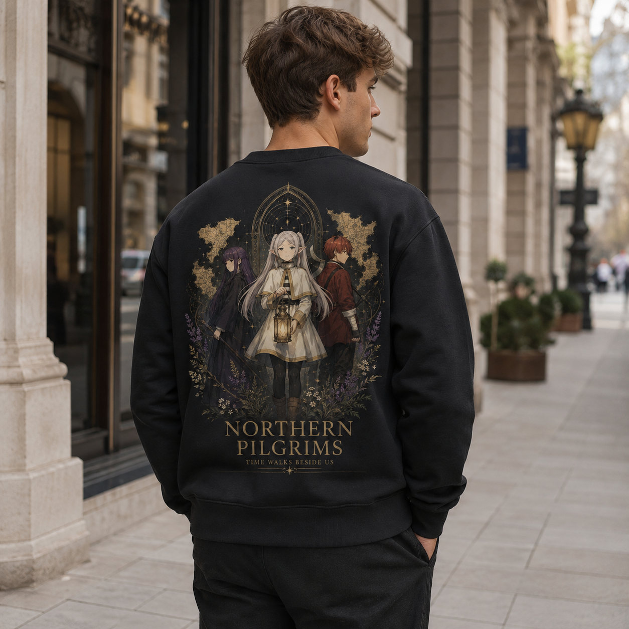 Black sweatshirt with Frieren, Fern, Stark Northern Pilgrims graphic – photo 3