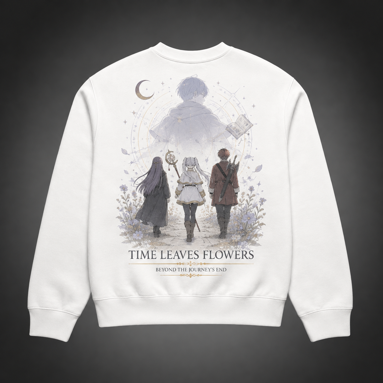 White sweatshirt with Frieren, Fern, Stark Time Leaves Flowers graphic – photo 1