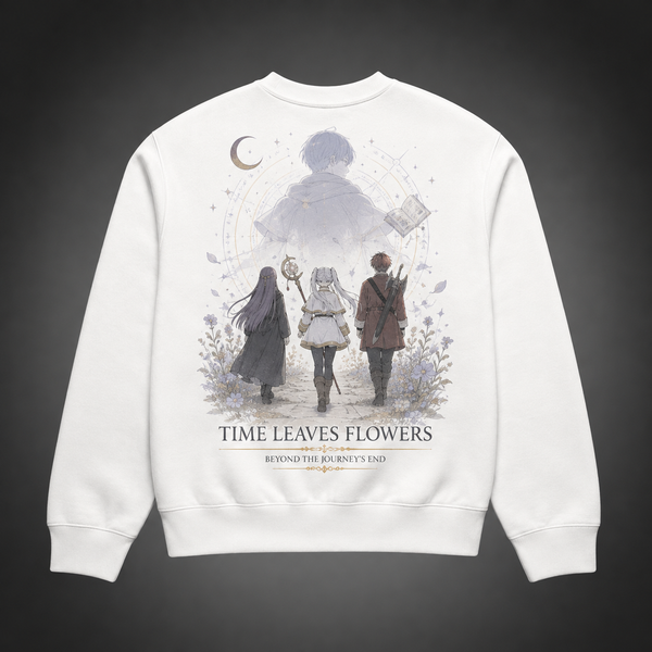 White sweatshirt with Frieren, Fern, Stark Time Leaves Flowers graphic – photo 1