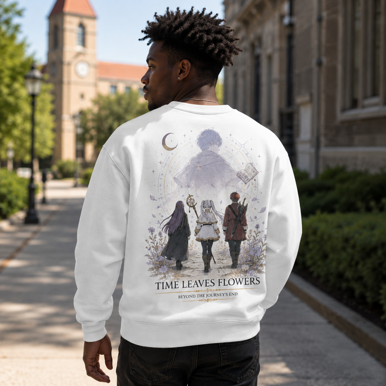 White sweatshirt with Frieren, Fern, Stark Time Leaves Flowers graphic – photo 3