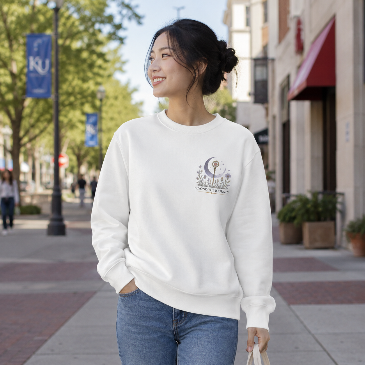 White sweatshirt with Frieren, Fern, Stark Time Leaves Flowers graphic – photo 4