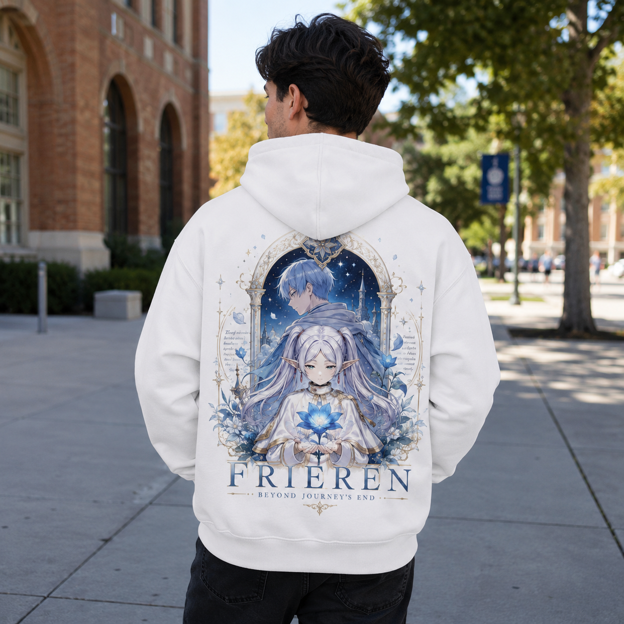 Black hoodie with Frieren, Fern & Stark Traveling Party graphic – photo 3