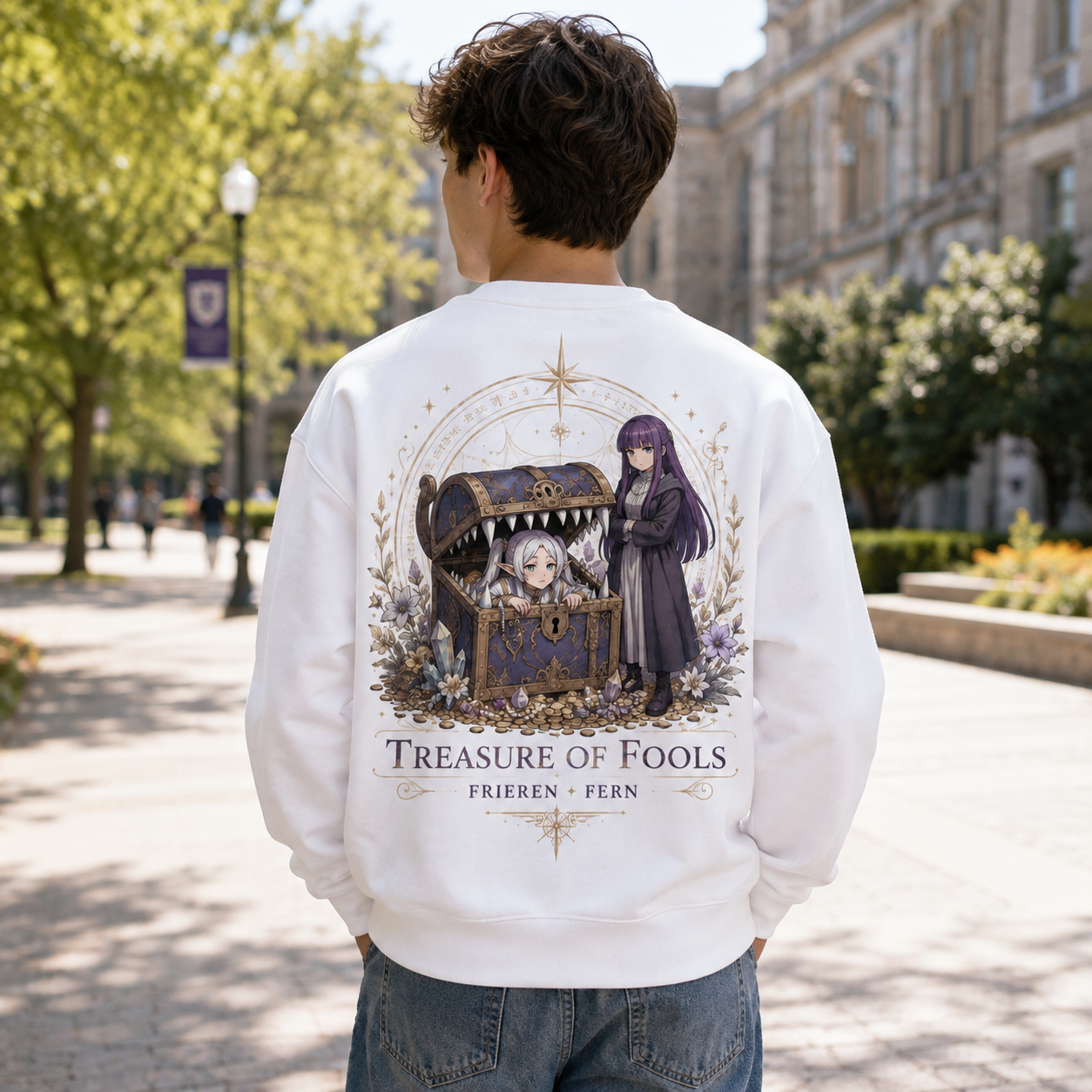 White sweatshirt with Frieren, Fern Treasure Of Fools graphic – photo 3