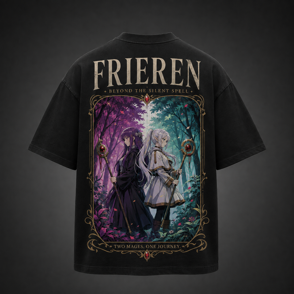 Black t-shirt with Frieren & Fern Two Mages One Journey graphic – photo 1
