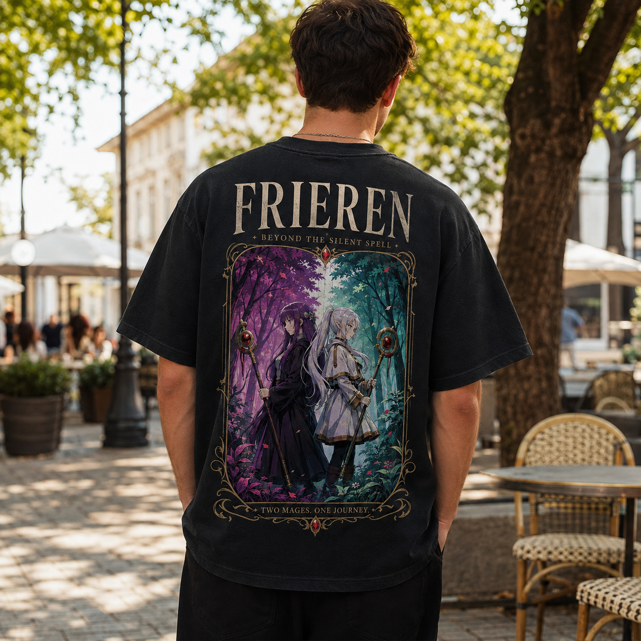 Black t-shirt with Frieren & Fern Two Mages One Journey graphic – photo 3