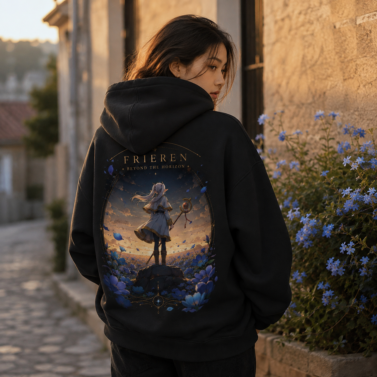White hoodie with Frieren Golden Tarot graphic – photo 3