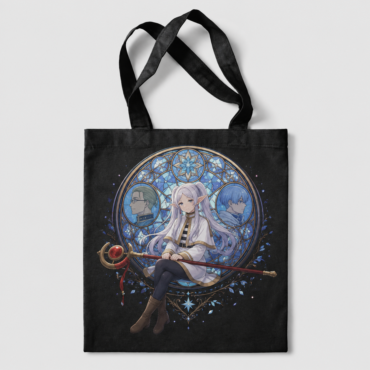 Black tote bag with Frieren, Heiter, Himmel Stained Glass Memories graphic – photo 1