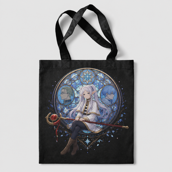 Black tote bag with Frieren, Heiter, Himmel Stained Glass Memories graphic – photo 1
