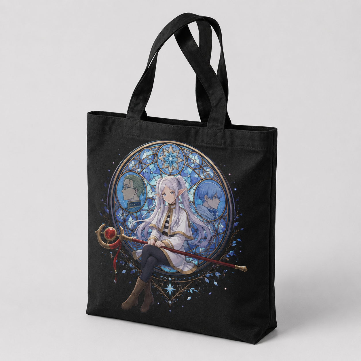 Black tote bag with Frieren, Heiter, Himmel Stained Glass Memories graphic – photo 2
