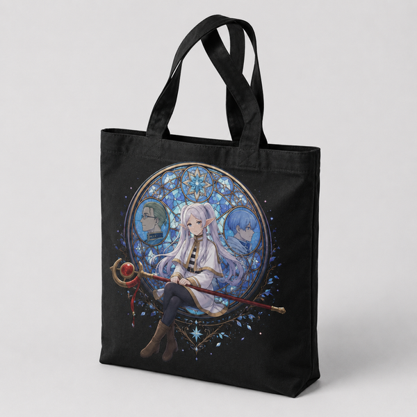 Black tote bag with Frieren, Heiter, Himmel Stained Glass Memories graphic – photo 2