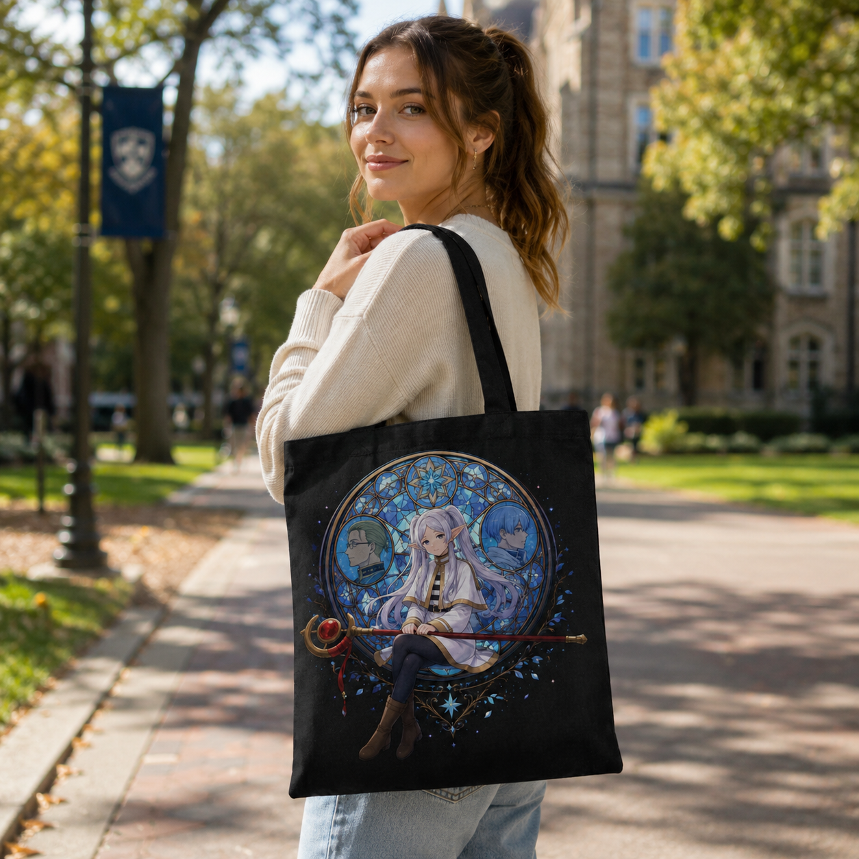 Black tote bag with Frieren, Heiter, Himmel Stained Glass Memories graphic – photo 3
