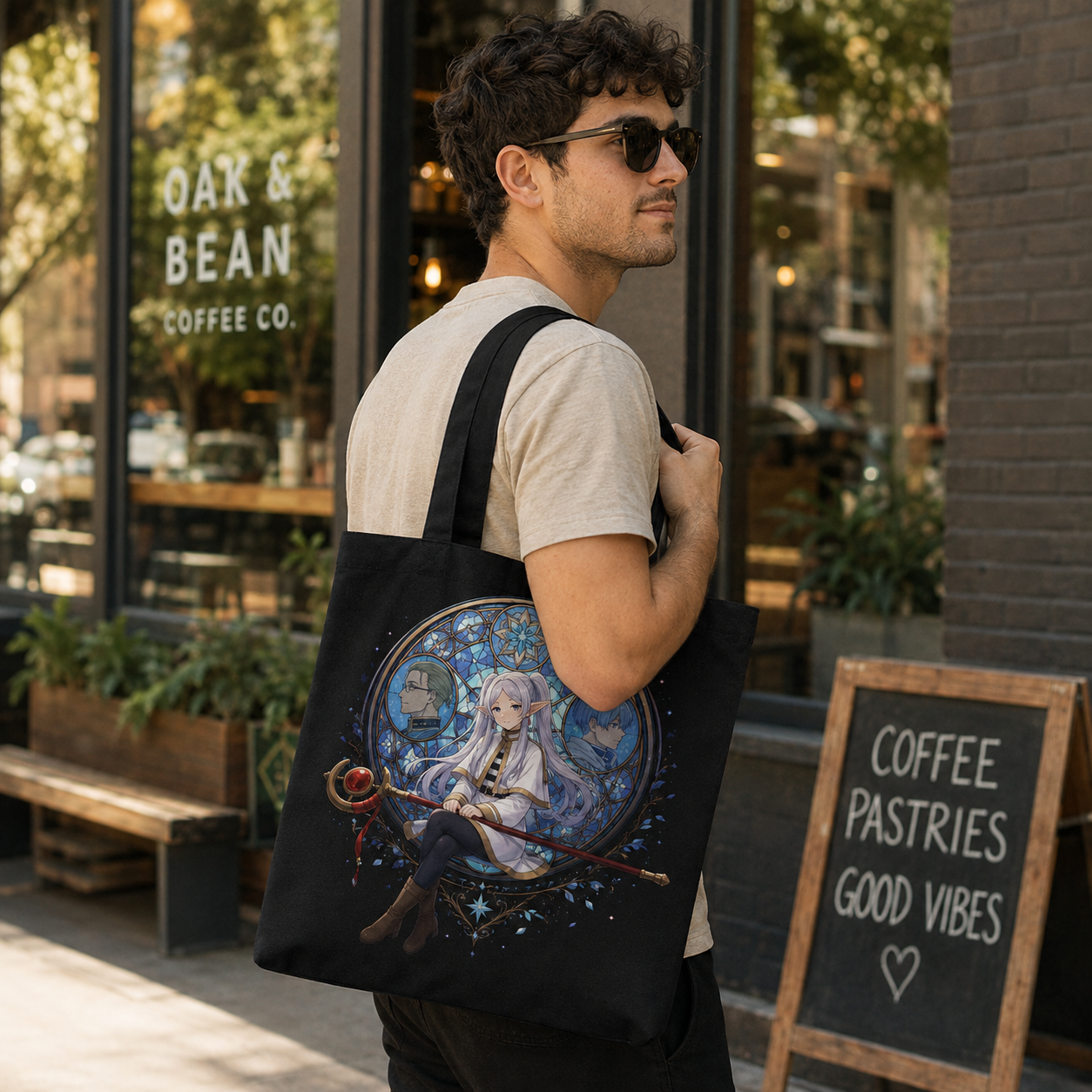 Black tote bag with Frieren, Heiter, Himmel Stained Glass Memories graphic – photo 4