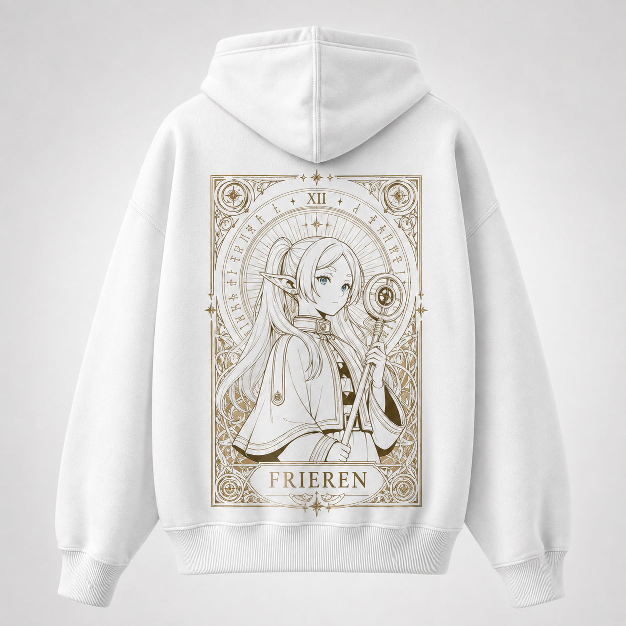 White hoodie with Frieren & Himmel Beyond Journey's End graphic – photo 1