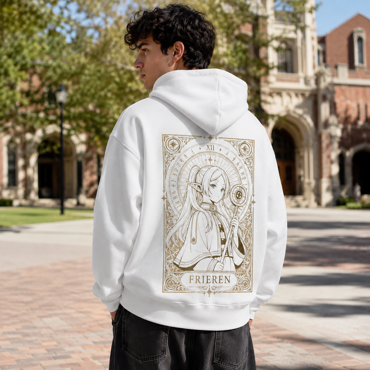 White hoodie with Frieren & Himmel Beyond Journey's End graphic – photo 3