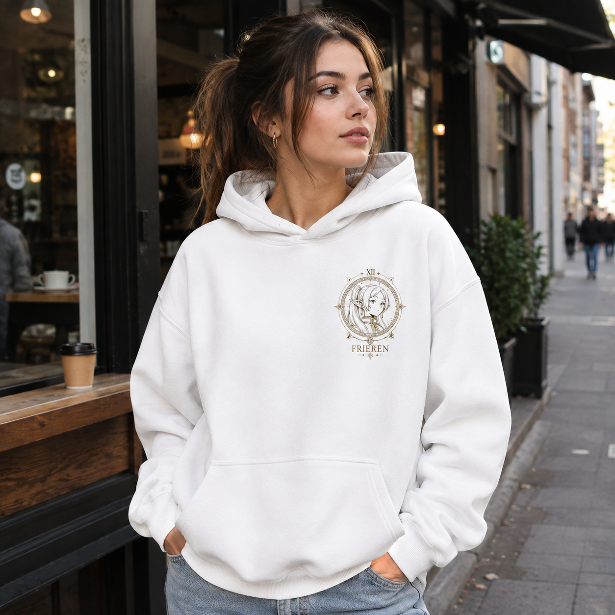 White hoodie with Frieren & Himmel Beyond Journey's End graphic – photo 4