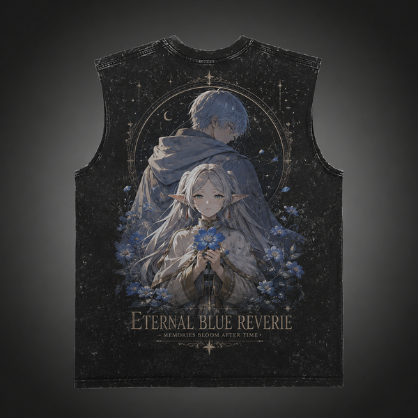 Washed black tank top with Frieren, Himmel Eternal Blue Reverie graphic – photo 1