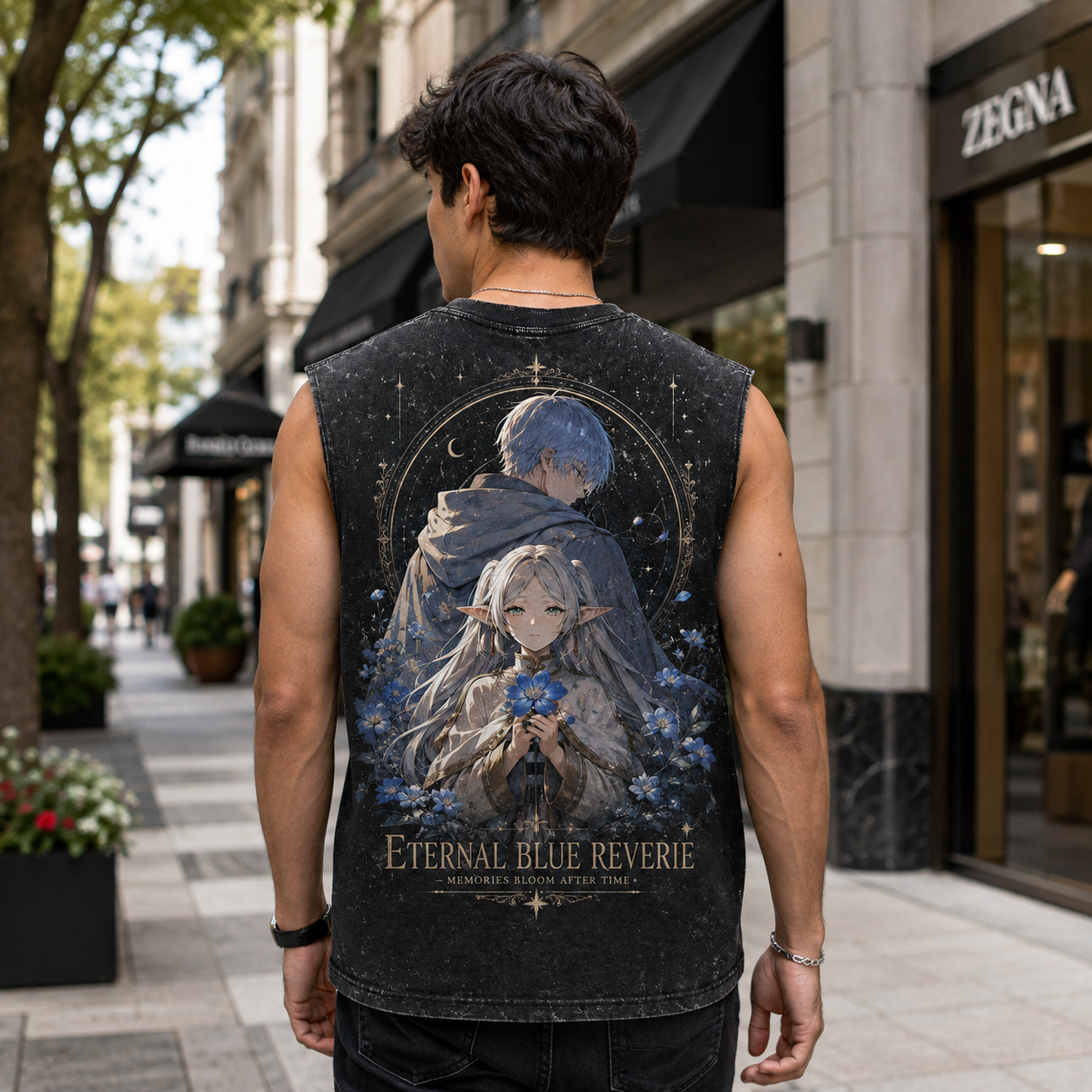 Washed black tank top with Frieren, Himmel Eternal Blue Reverie graphic – photo 3