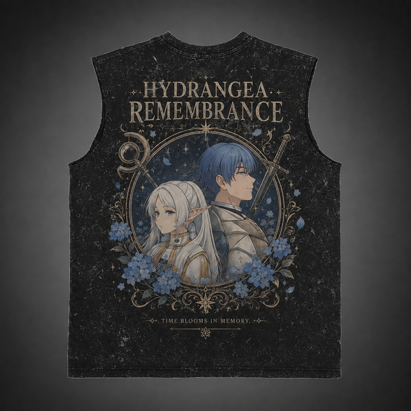 Washed black tank top with Frieren, Himmel Hydrangea Remembrance graphic – photo 1