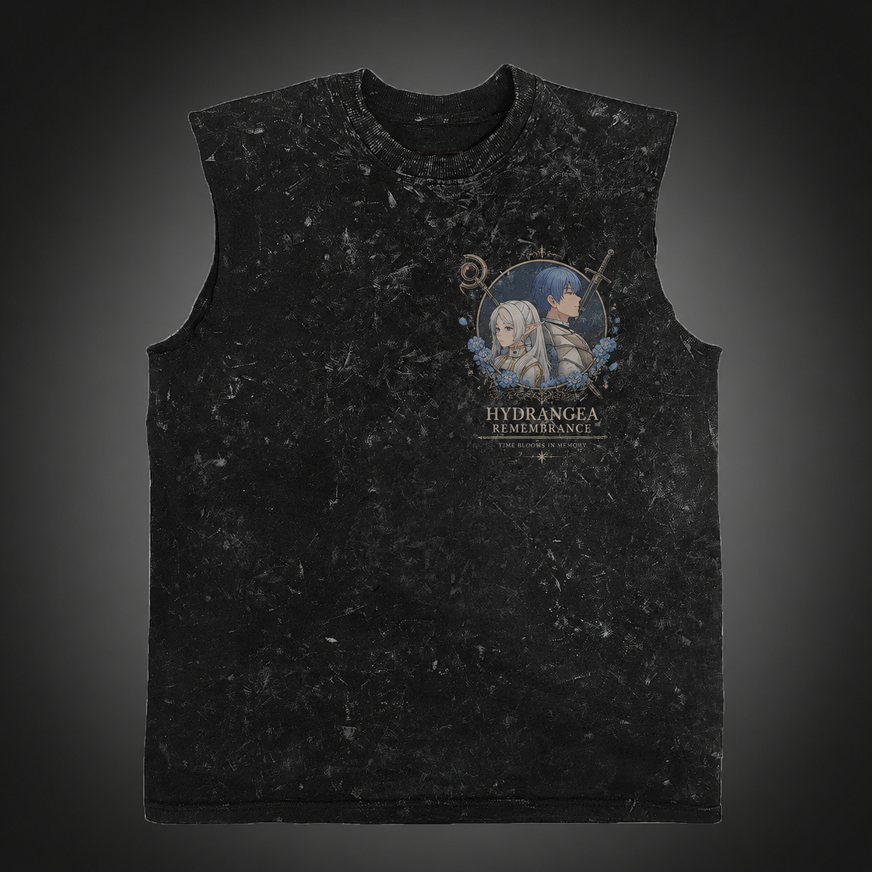 Washed black tank top with Frieren, Himmel Hydrangea Remembrance graphic – photo 2