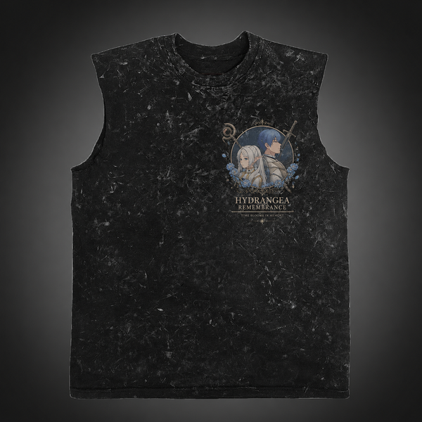 Washed black tank top with Frieren, Himmel Hydrangea Remembrance graphic – photo 2