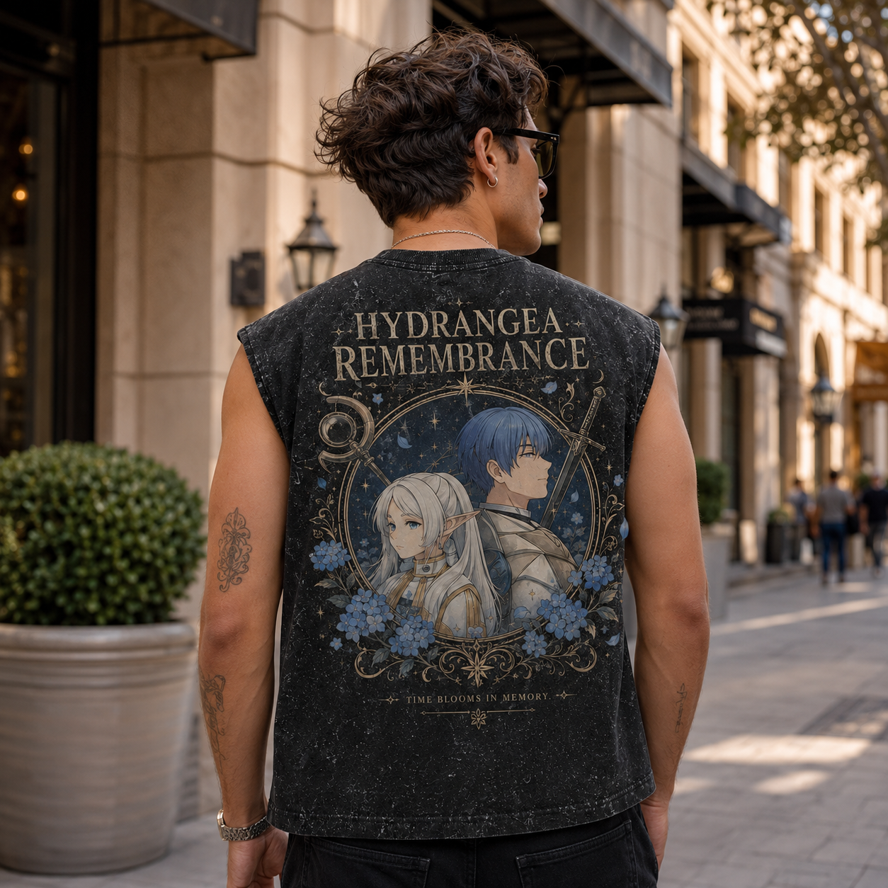 Washed black tank top with Frieren, Himmel Hydrangea Remembrance graphic – photo 3