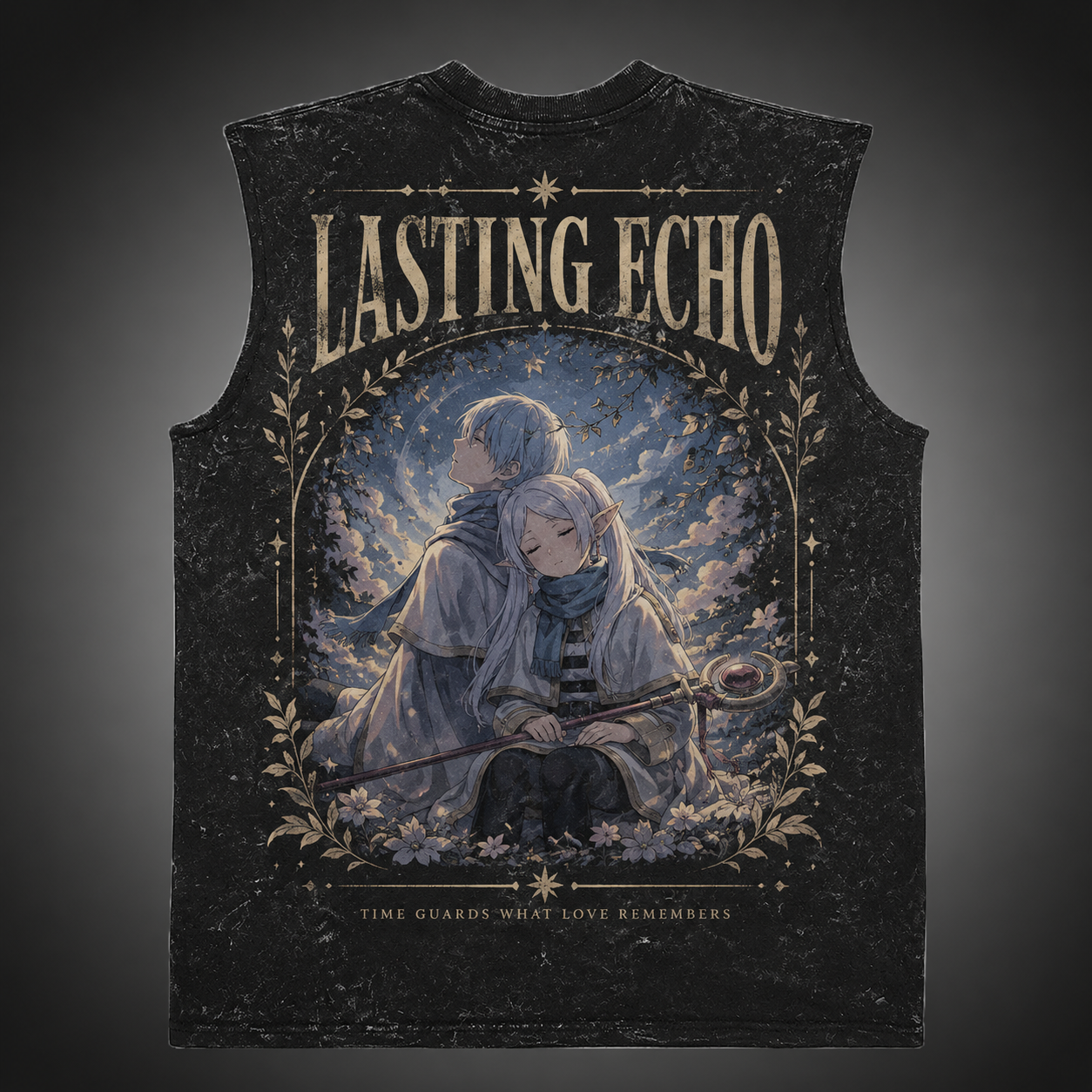 Washed black tank top with Frieren, Himmel Lasting Echo graphic – photo 1