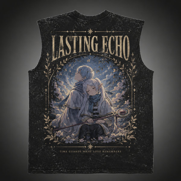 Washed black tank top with Frieren, Himmel Lasting Echo graphic – photo 1