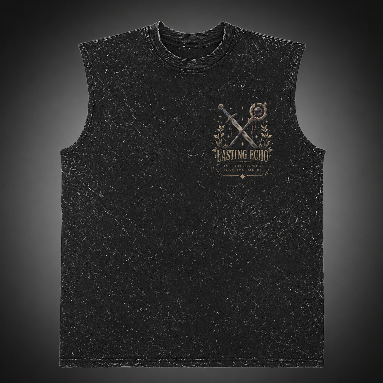 Washed black tank top with Frieren, Himmel Lasting Echo graphic – photo 2
