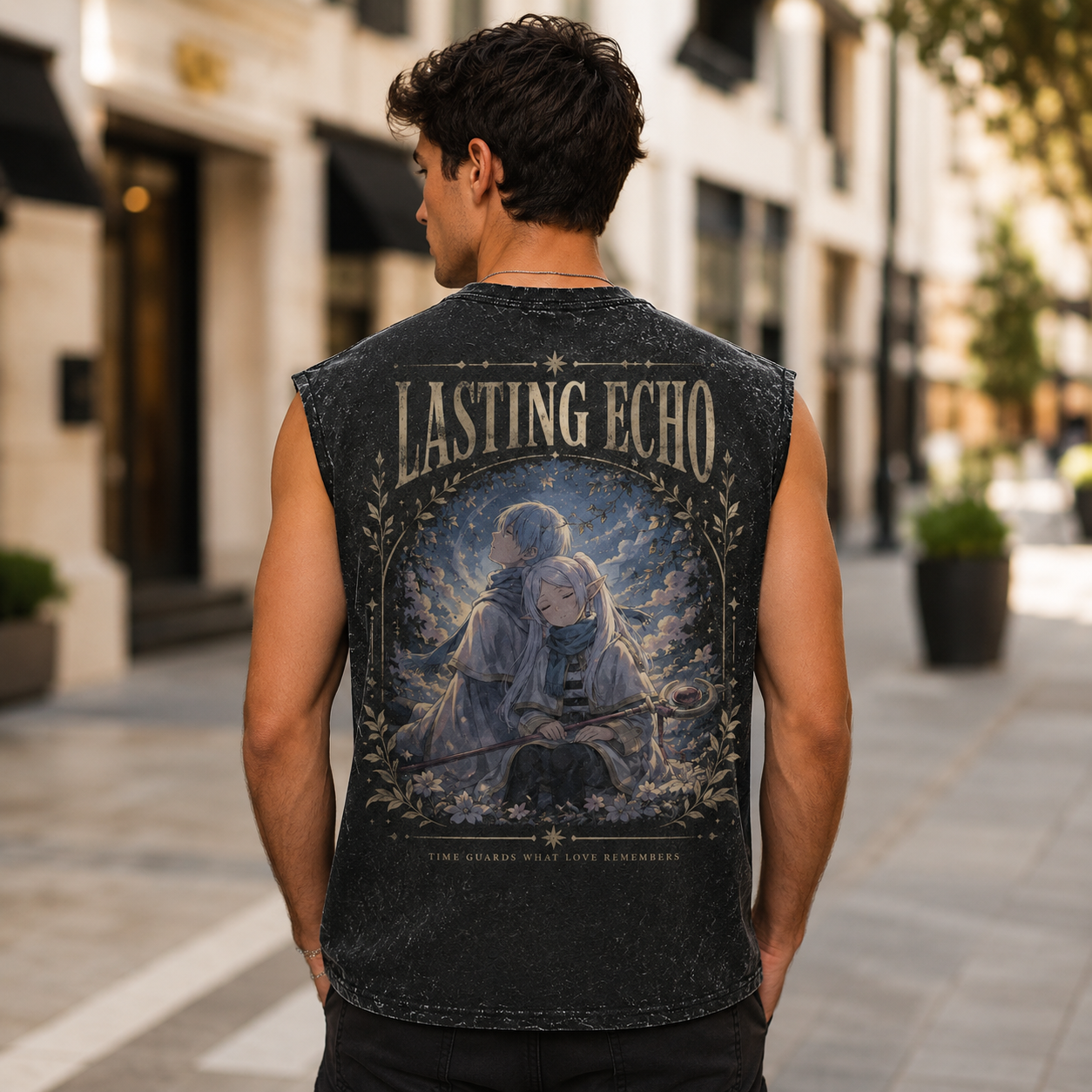 Washed black tank top with Frieren, Himmel Lasting Echo graphic – photo 3