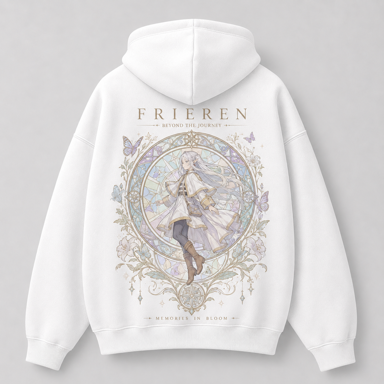 White hoodie with Frieren Memories In Bloom graphic – photo 1