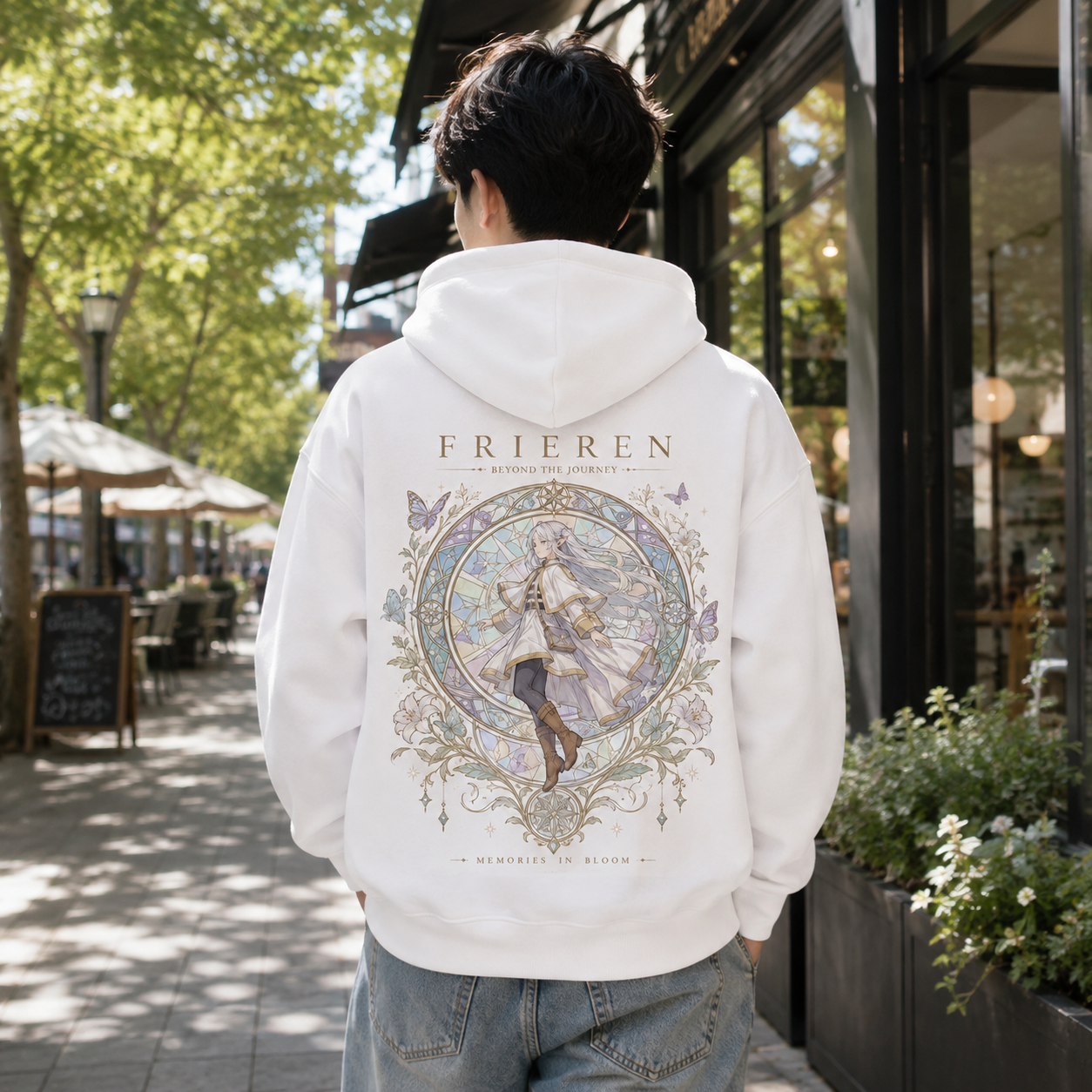 White hoodie with Frieren Memories In Bloom graphic – photo 3