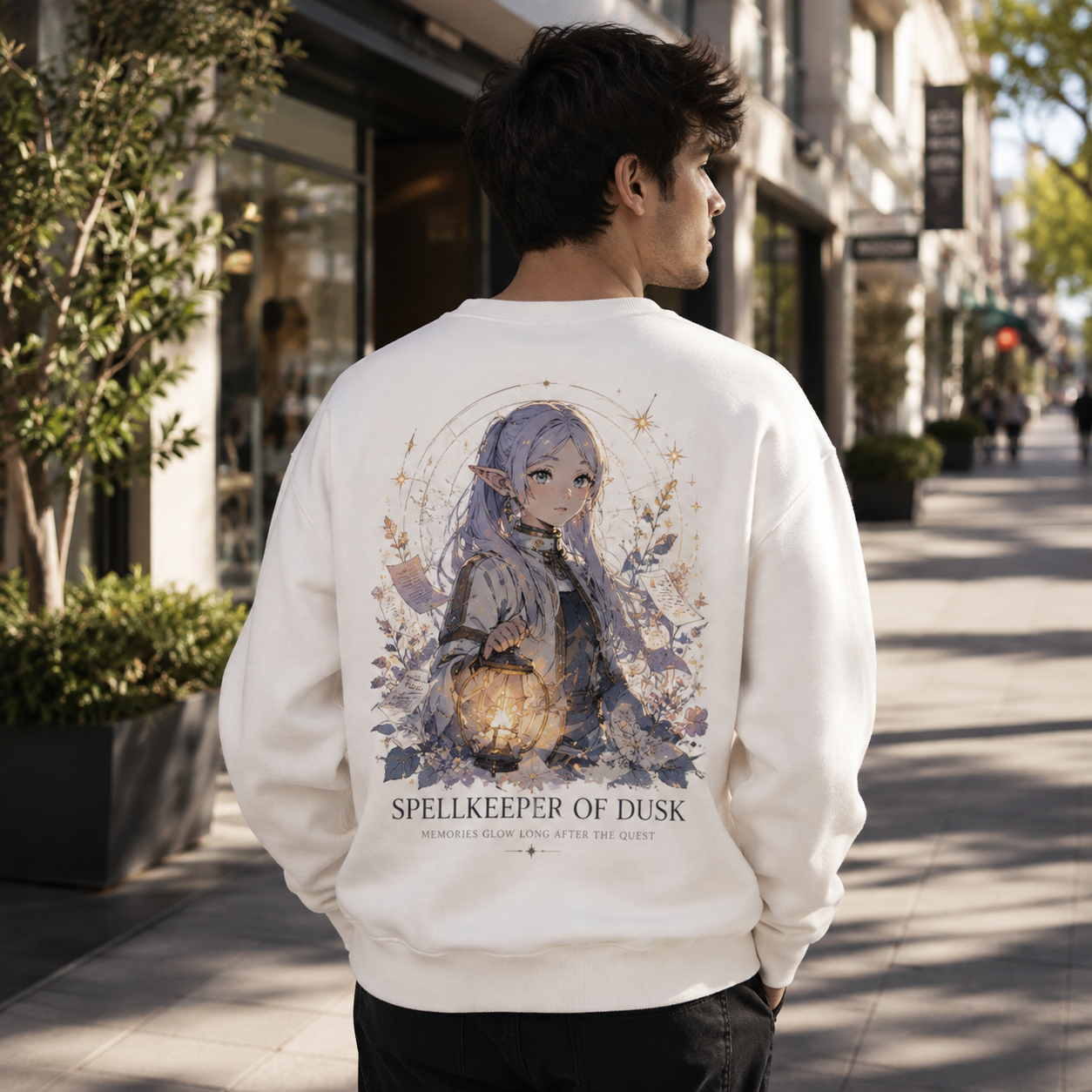 White sweatshirt with Frieren Spellkeeper Of Dusk graphic – photo 3