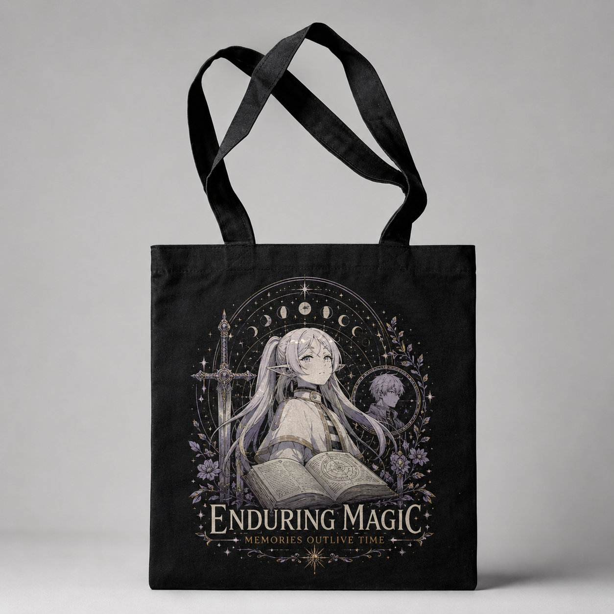 Black tote bag with Frieren, Stark Enduring Magic graphic – photo 1