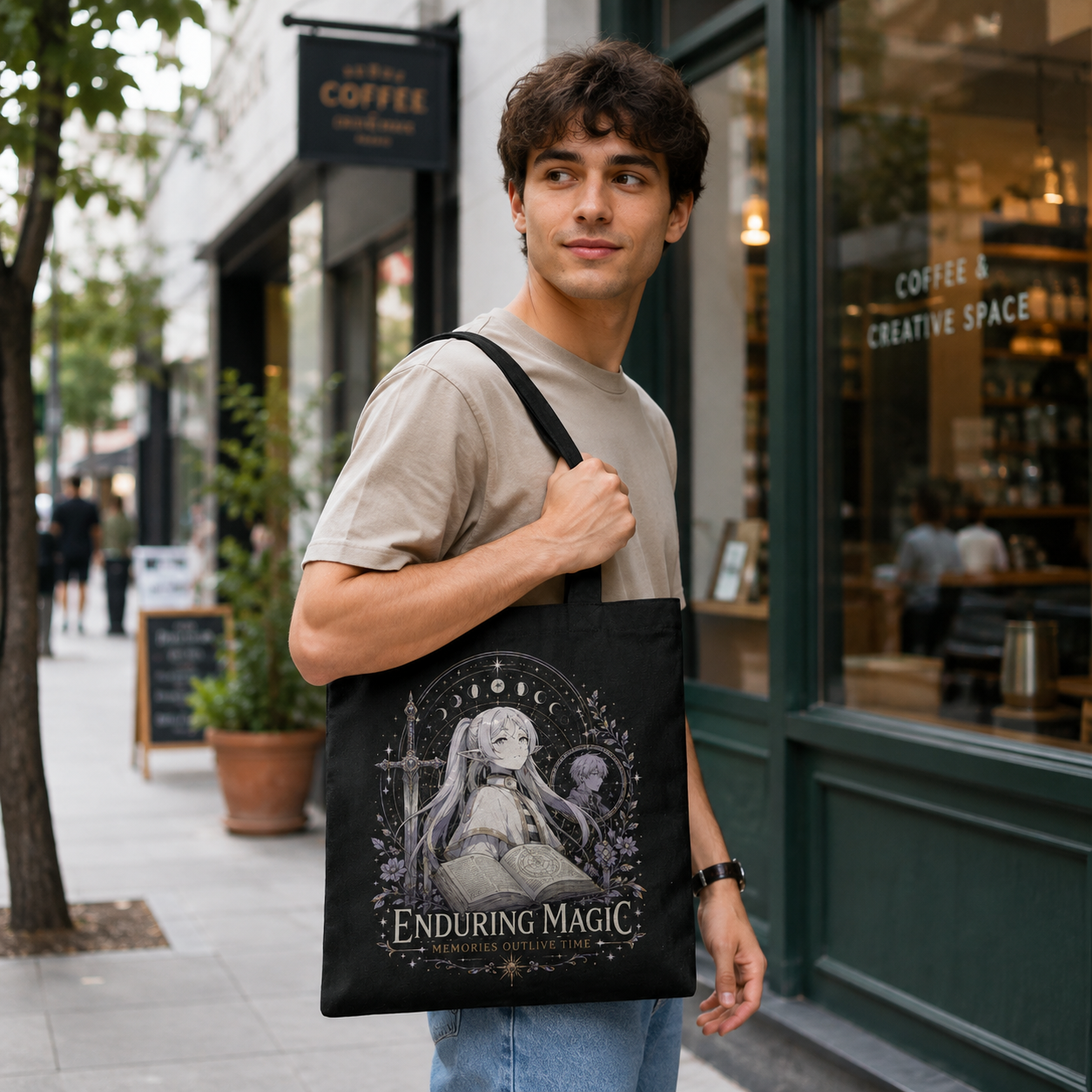 Black tote bag with Frieren, Stark Enduring Magic graphic – photo 4