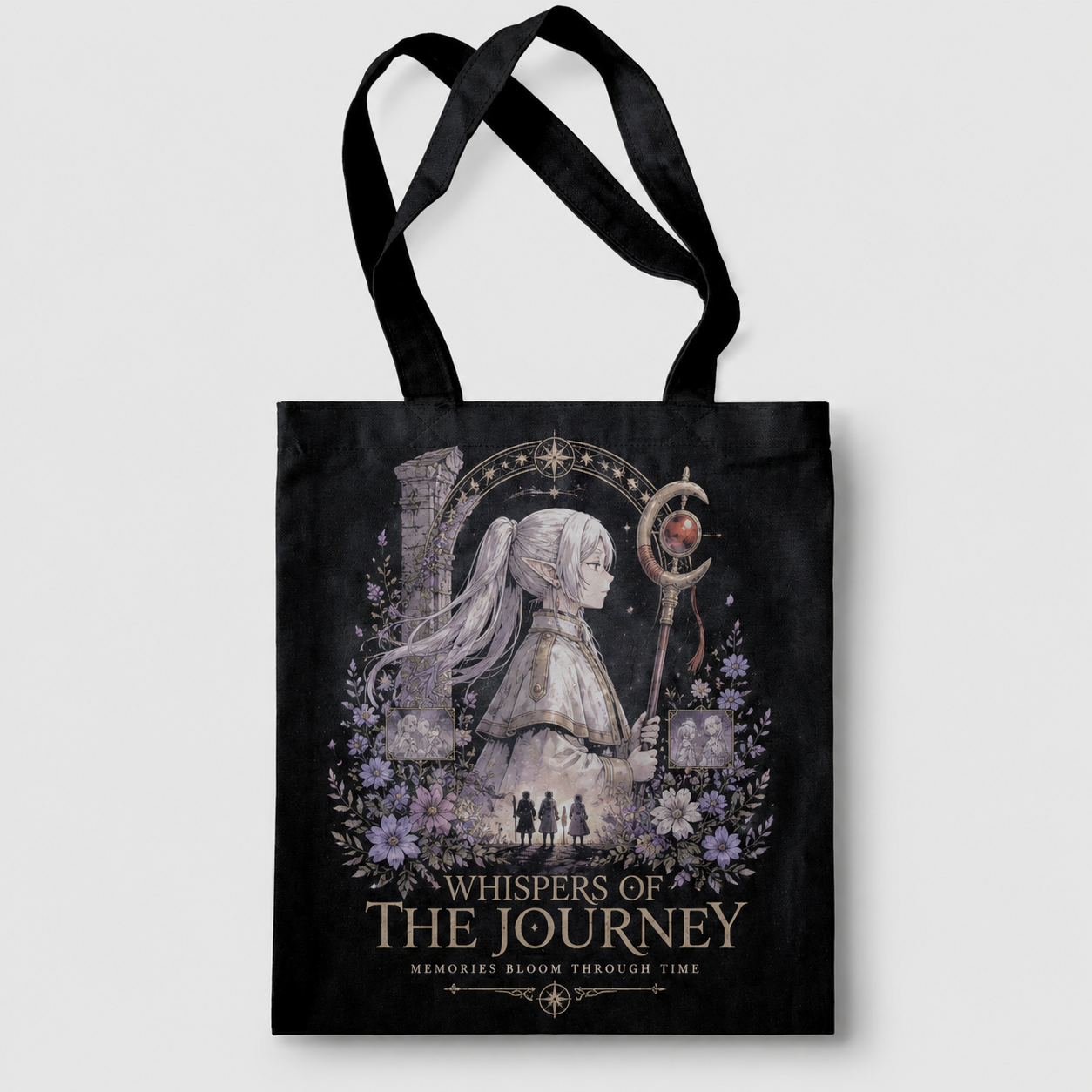 Black tote bag with Frieren Whispers Journey graphic – photo 1