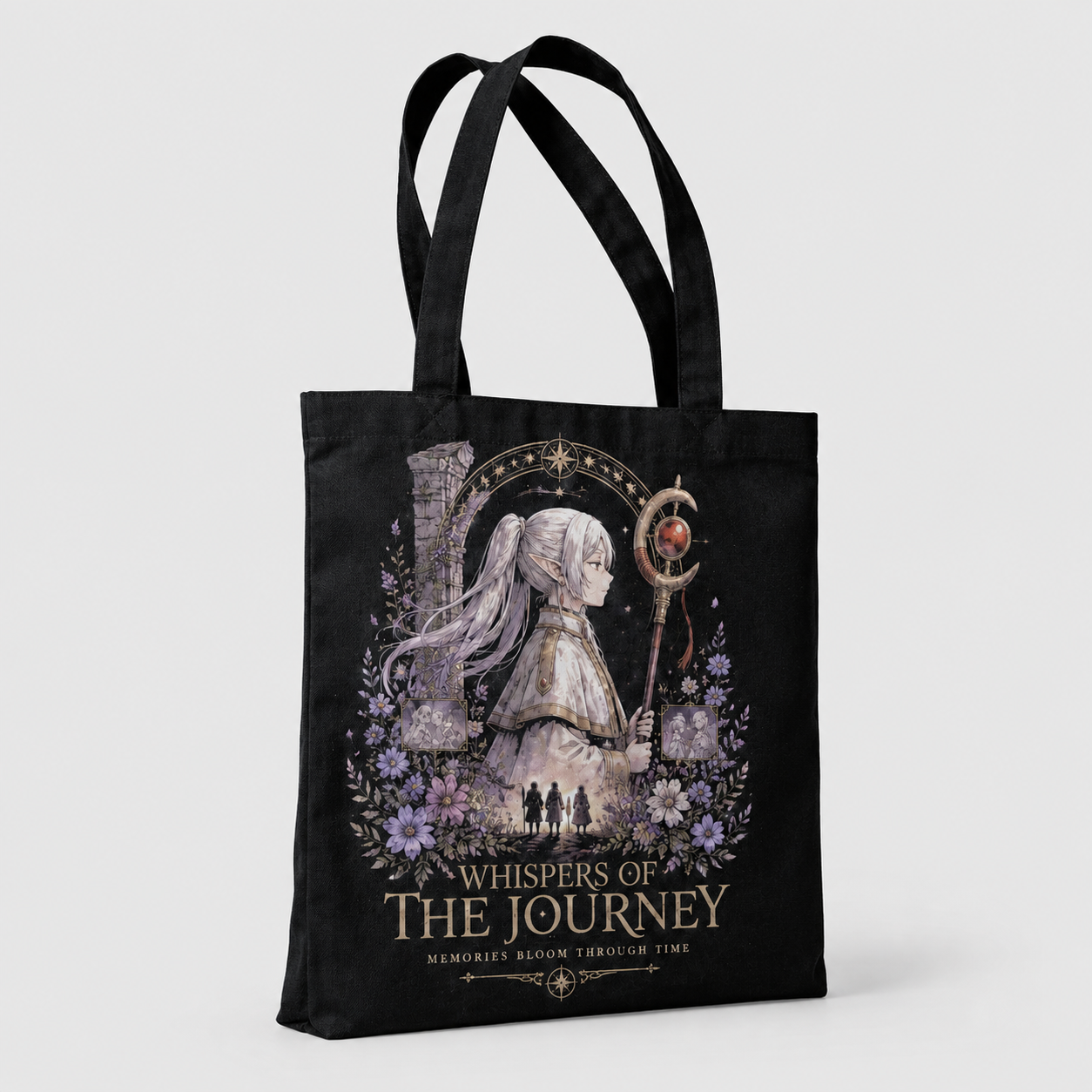 Black tote bag with Frieren Whispers Journey graphic – photo 2