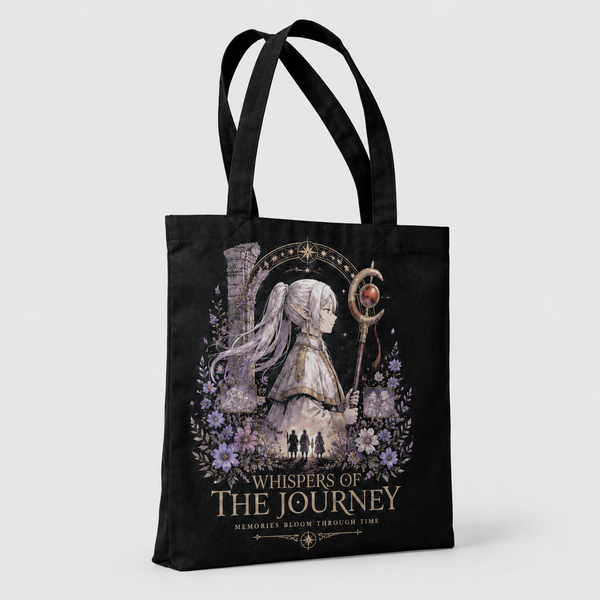 Black tote bag with Frieren Whispers Journey graphic – photo 2