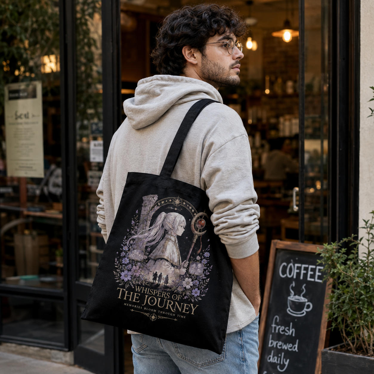 Black tote bag with Frieren Whispers Journey graphic – photo 4