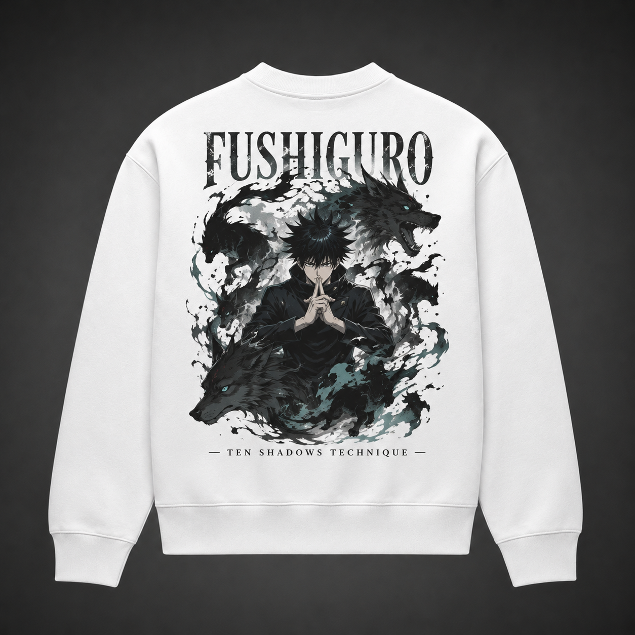 White sweatshirt with Fushiguro Megumi Jujutsu Kaisen Ten Shadows Technique graphic – photo 1