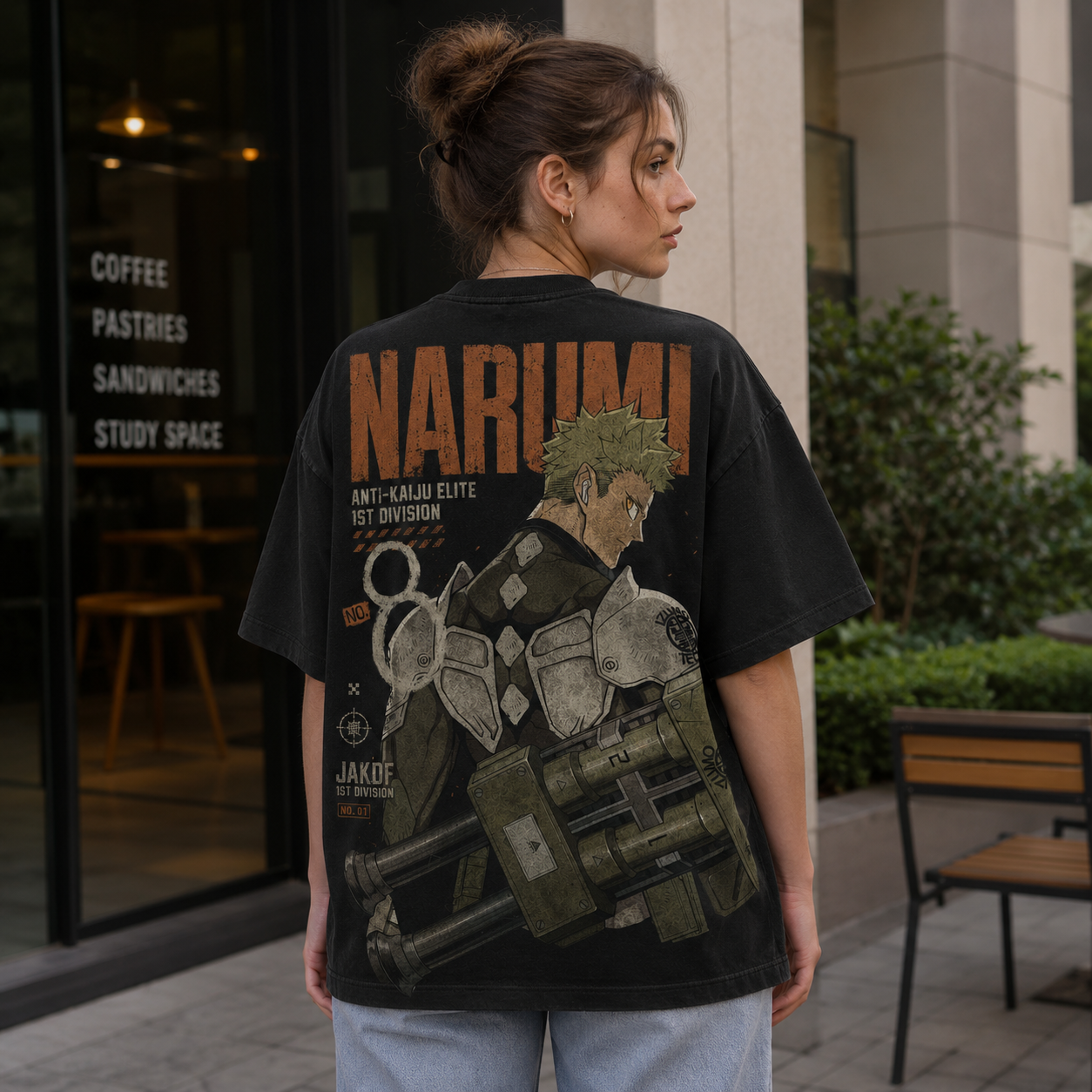 Black t-shirt with Gen Narumi Kaiju No. 8 Narumi Anti-Kaiju Elite graphic – photo 3