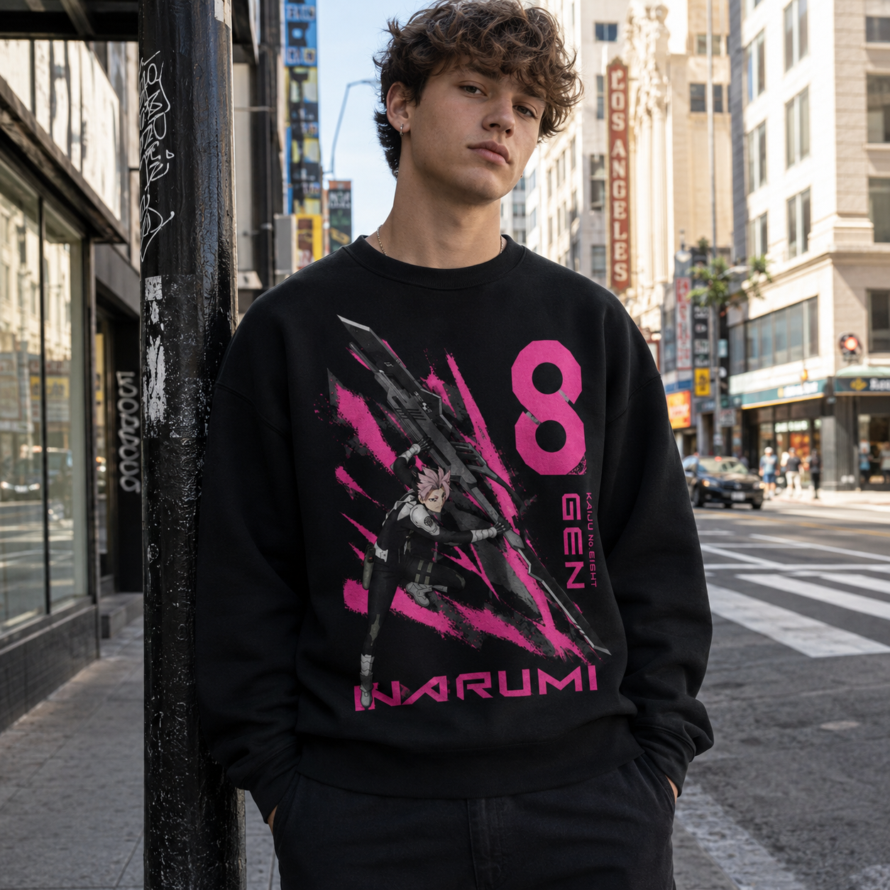 Black sweatshirt with Gen Narumi Kaiju No. 8 Narumi Gen Eight graphic – photo 4