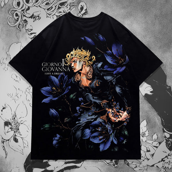 Giorno Giovanna Midnight Blue Floral - JoJo's Bizarre Adventure Oversized Tee