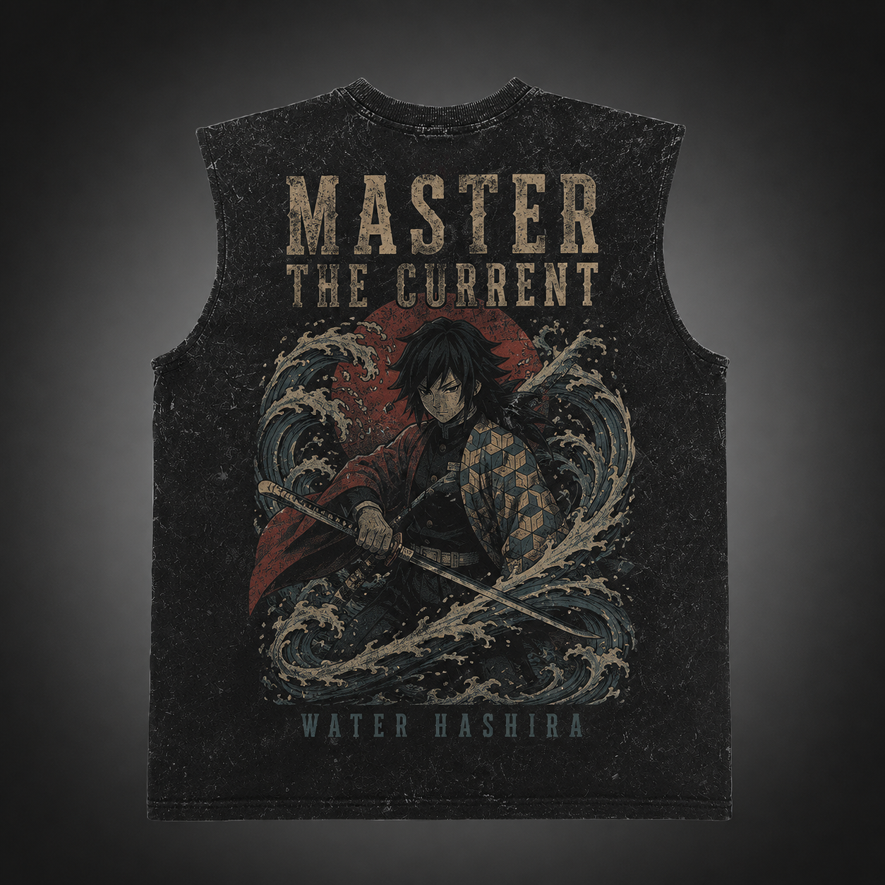 Washed black tank top with Giyu Tomioka Demon Slayer Master The Current graphic – photo 1