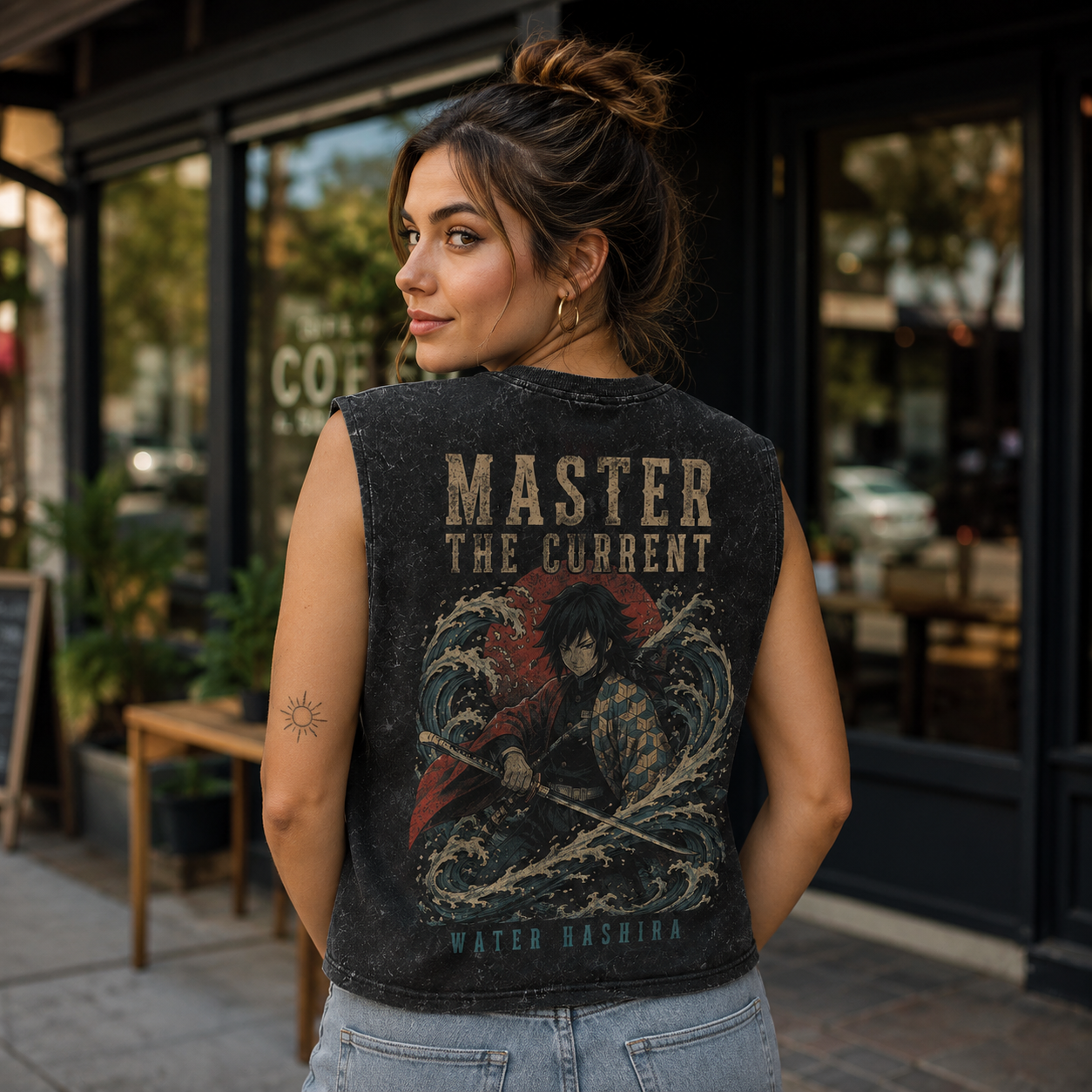 Washed black tank top with Giyu Tomioka Demon Slayer Master The Current graphic – photo 3