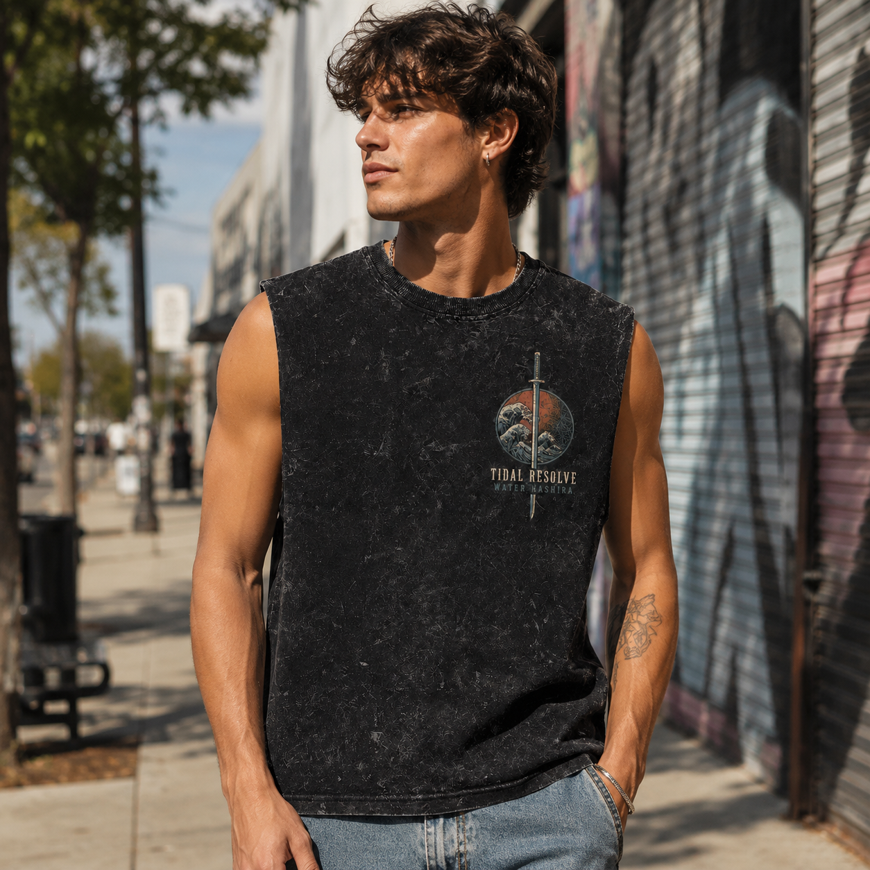 Washed black tank top with Giyu Tomioka Demon Slayer Master The Current graphic – photo 4