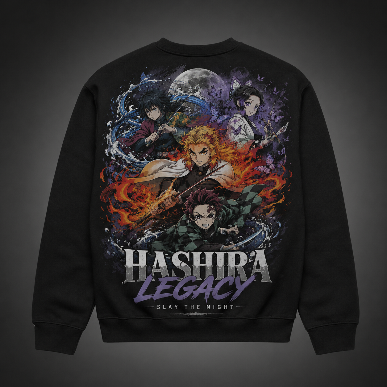 Black sweatshirt with Giyu Tomioka, Shinobu Kocho, Kyojuro Rengoku, Tanjiro Kamado Demon Slayer Hashira Legacy graphic – photo 1